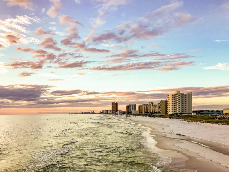 Panama City FL coastline with high rises at sunset