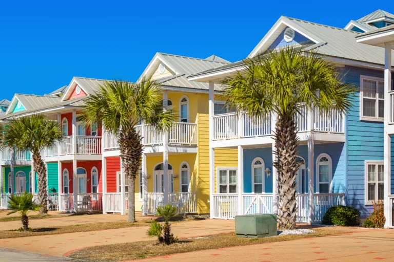 Colorful coastal cottages with palm trees outside in Panama City FL