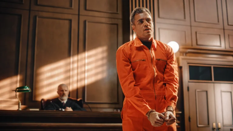 Portrait of Accused Male Criminal in Orange Jumpsuit