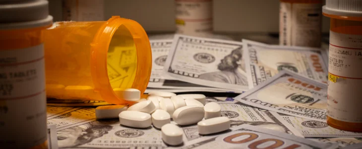Prescription medication is strewn out upon US currency.